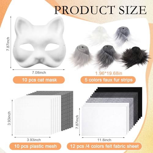 Seenelling 33 Pcs DIY Therian Mask Kit Blank Cat Mask with Felt Fabric Sheet Plush Faux Fur Eye Mesh for Therian Gear Stuff (Black Series)