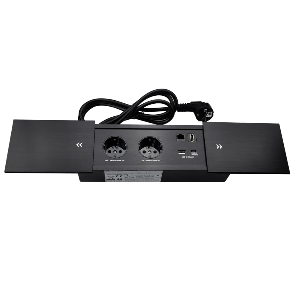 Versenkbare Steckdose mit USB c 65W Konnektivität Box Konferenztisch Power Box mit 2 Steckdosen+ 1 USB-A+C 65W Ladegerät+1 CAT6+ 1 HDMI/USB-C Daten(Schwarz) (Sliding)