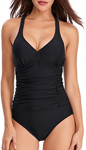 Swimming Costume Women Ruched Tummy Control Swimwear V Neck One Piece Cross Strap Swimsuit