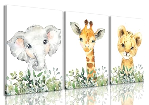 Image of Wodkwq Safari Nursery Wall Art Baby Animal Canvas Prints Girl Boy Room Decor Poster Toddler Room Decoration Jungle Watercolor Painting Pictures Set of 3 for Kids Bedroom Bathroom 12x16in Framed