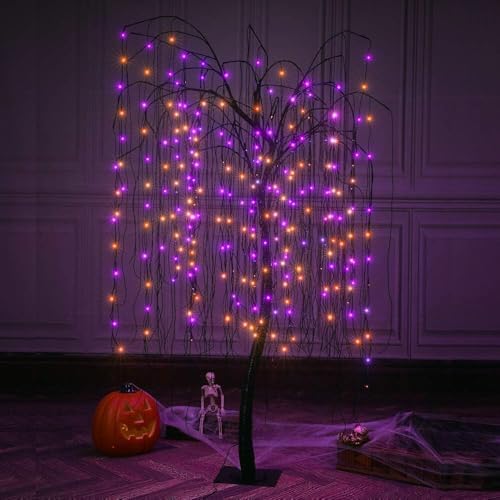 LIGHTSHARE 7 Feet Halloween Willow Tree, 256 LED Lights for Home, Festival, Nativity,Party, and Christmas Decoration,Includes Spiders and White Cobweb,Indoor Outdoor Use,Orange & Purple
