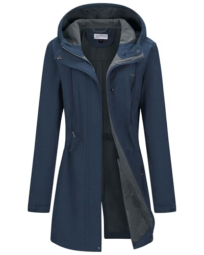 33,000ft Women's Softshell Long Jacket with Hood Fleece Lined Windproof Warm up Waterproof Windbreaker