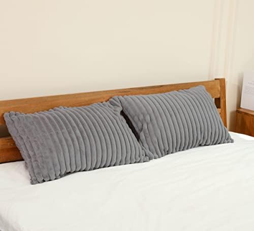 SofyCotty Faux Fur Striped Throw Pillow Covers Set of 2 Ultra Soft Shaggy Plush Pillow Cases Standard/Queen Size Decorative Fluffy Pillowcases Pillow Shams with Zipper Closure(Standard,Grey)