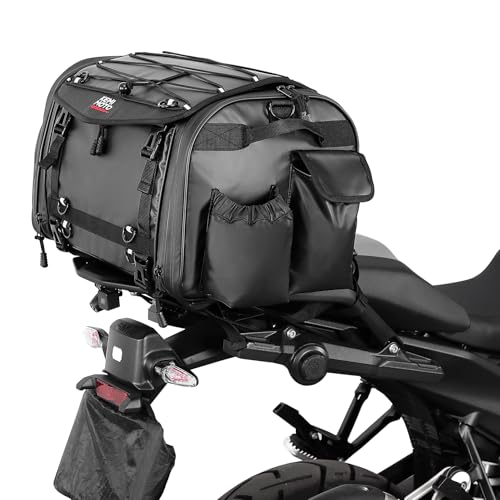 KEMIMOTO Motorcycle Travel Luggage Bags, Expandable Large Capacity Motorcycle Tail Bag, Waterproof Rear Rack Trunk, Motor Pannier Bag with Rain Cover and Straps 30L-45L
