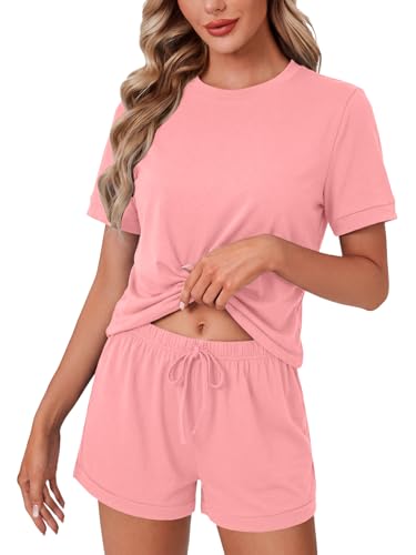 Image of LYANER Pajama Set for Women 2 Piece Lounge Set Striped Crew neck Short Sleeve Tops and Shorts Soft Sleepwear