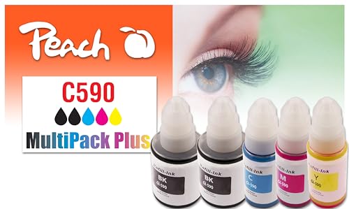 Peach Lot de 2 Cartouches d'encre C490/590 Plus (2 x K, C, M, Y) remplace Canon GI-590 pour Canon Pixma G 1500, Canon Pixma G 2500, Canon Pixma G 3500, Canon Pixma G 4500, Canon Pixma G 1510