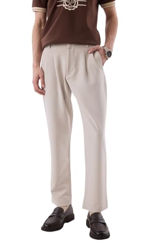 SNITCH Men Formal Beige Trousers | Slim Fit Pleated Front | Durable Polyester Blend & Mid Rise | Button & Zip Closure, Turned-Up Hem, All Seasons