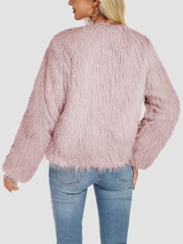 Funlingo Women's Faux Fur Coat Winter Warm Cropped Jacket Trendy Long Sleeve Crew Neck Zip Up Outerwear2
