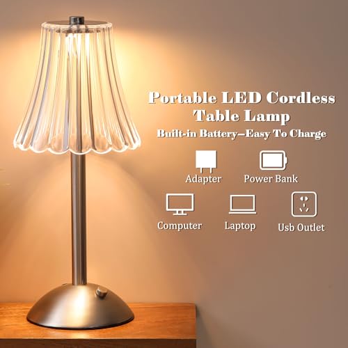 Image of Liliful 1 Pcs Cordless Table Lamp Rechargeable Touch LED Small Gold Portable Battery Operated USB-c Desk Lamp 3 Color Dimmable for Bedroom Living Room Dining (Silver,Rose Style)