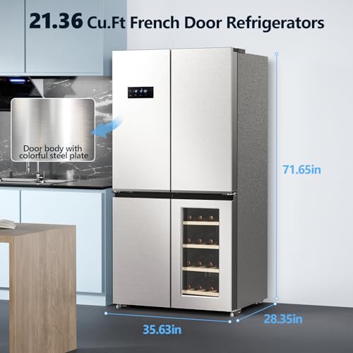 Image of Electactic 21.36 Cu.Ft French Door Refrigerators with Bottom Freezer, Wine Cabinet, Adjustable Shelving, Counter Depth Smart Refrigerator with Touchscreen for Kitchen Home