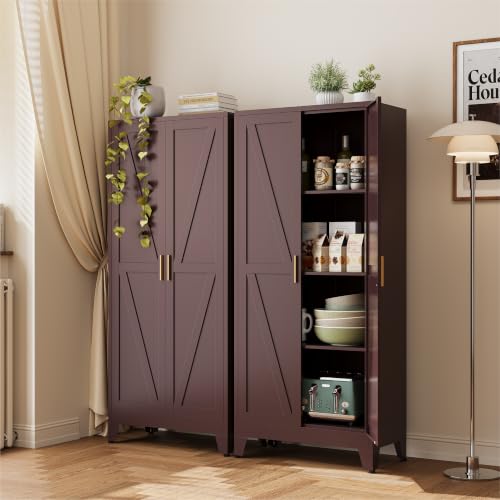 Image of COFaR 61 inch Metal Storage Cabinet with Doors and Adjustable Shelves, Tall Pantry Cabinet Freestanding Kitchen Pantry Storage Cabinet, Steel Cupboard for Bathroom, Living Room & Office, Reddish Brown