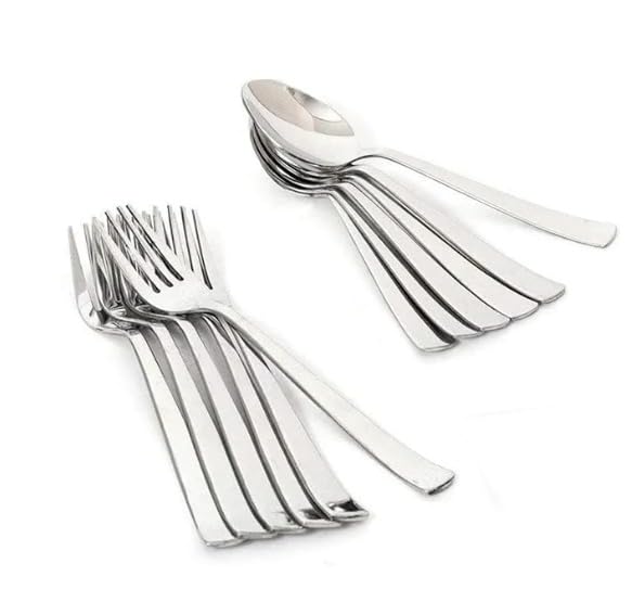 Image of Stainless Steel Spoon Fork Set 12 Pcs | 6 Tea Spoons + 6 Forks | Mirror Finish Cutlery Set | Small Spoons for Tea Sugar Spices | Reusable Steel Spoon Fork Set for Kitchen Dining Hotel Restaurant