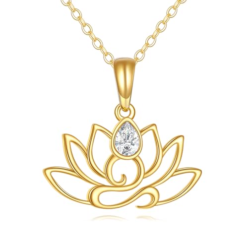 DOVRAN 14K Solid Gold Lotus Necklace for Women Real Yellow Gold Flower Pendant Minimalist Jewelry Birthday Gifts for Mom Wife
