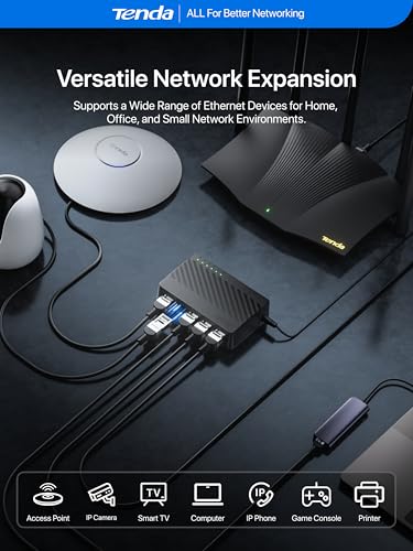Image of Tenda 5 Port Gigabit Ethernet Switch, Desktop Ethernet Splitter, Unmanaged Network Switch Hub, Plug & Play, Wall-Mount, Fanless Quiet, for Ethernet Cable, Router, PC, NAS (SG105)