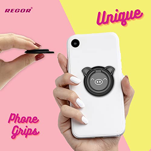 Image of Regor Finger Grip & Mobile Holder | Mobile Stand | Cell Phone Grip Holder for Hand & Mobile Back Holder Grip | Selfie Holder & Works as iPhone Stand & Android Phone Stand for Desk - Pig Black