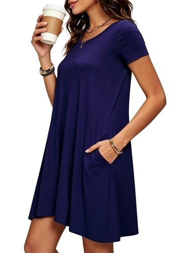 Image of Afibi Womens Short Sleeve Loose Pockets Dress Casual Swing T-Shirt Dresses