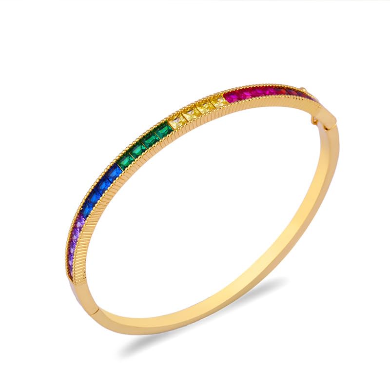 Dazzling Moissanite Rainbow Geometric Gemstone Tennis Bangle, 14K Gold Vibrant Multi-Color Bangle, Fashionable Women's Jewelry