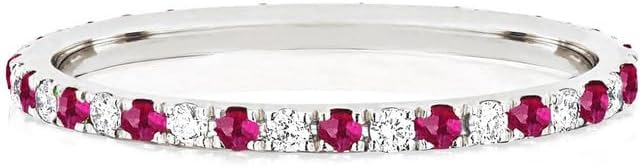 Round Cut Red Ruby & White Diamond Full Eternity Ring For Women, 14K Gold Plated 925 Silver September Birthstone Red Ruby Full Eternity Wedding Anniversary Matching Band