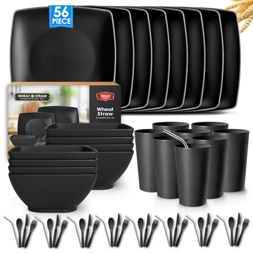 Teivio 56-piece With Flatware Kitchen Plastic Wheat Straw Square Dinnerware Set for 8, Unbreakable Dinner Plates, Snack Bowls, Tumblers 13.5 oz, Dishwasher Safe, Black