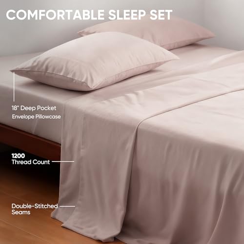 Image of TWK Real 100% Viscose Derived from Bamboo Sheets Set King Size, Cooling & Silky Soft for Hot Sleeper, Breathable & Moisture Wicking Fabric, 18 inch Deep Pocket with Corner Straps (Sand, King)