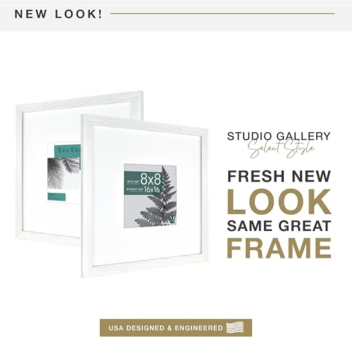 MCS Studio Gallery 16x16 Matted Photo Frame with 8x8 Picture Display, White Woodgrain Vertical & Horizontal Wall Hanging Large Picture Frame for Photos & Art Prints (1-Pack)