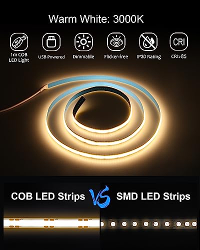 ALITOVE COB LED Streifen 1M Warmweiß 3000K USB Dimmbar LED Strip 320LEDs/m 5V für TV LED Hintergrundbeleuchtung Hängeschrankunterbeleuchtung Schlafzimmer Heimdekoration