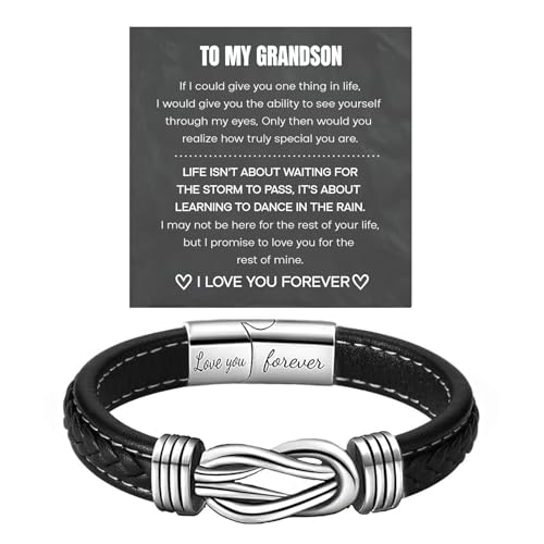 To My Grandson Leather Bracelet, Meaningful Gift from Grandma or Grandpa Inspirational Engraved Love You Forever Linked Together Infinity Knot Wristband for Birthday Christmas Graduation or Just Because(Grandson)