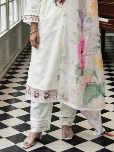 Image of INDO ERA Women's Liva Floral Embroidered Thread Work A-Line Kurta & Pant with Dupatta Set | Anarkali Kurta Set With Dupatta