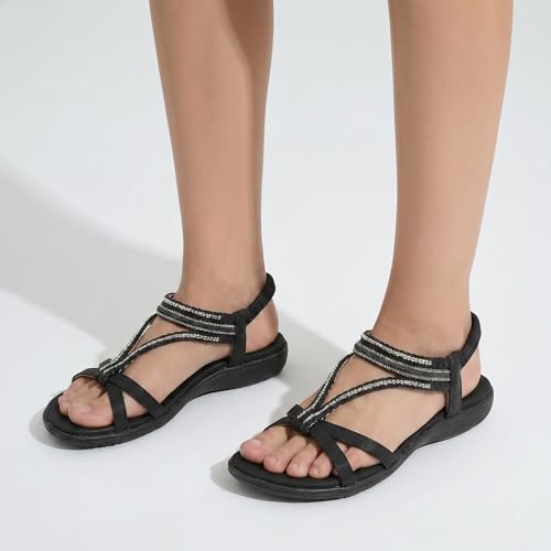 Image of UBFEN Womens Bohemian Flat Sandals With Back Strap Summer Beach Comfortable Bling
