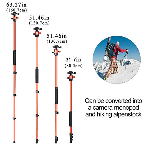 MACTREM Professional Camera Tripod with Phone Mount, 62" DSLR Tripod for Travel, Super Lightweight and Reliable Stability, Ball Head Tripod Detachable Monopod with Carry Bag (Orange) - Thumbnail 6