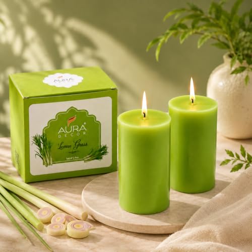 Image of AuraDecor Lemongrass Scented Pillar Candles Set of 2 | Smokeless & Long Burning Decorative Candles for Home Decor, Bedroom, Living Room, Spa, Meditation, Relaxation & Gifting