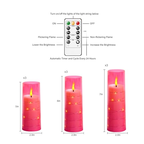 Image of Nimiko Flickering Flameless LED Candles,Battery Operated Candles 9 Pcs with Embedded Star String,Acrylic LED Pillar Candles with Remote,Suitable for Home Decoration to Create an Atmosphere (Pink)