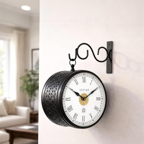 Image of Handcrafted Double Side Metal Analog Vintage Wall Clock | 1.5 Year Machine Warranty | 6 INCHES | 1 Side Number 1 Side Roman,Color Black