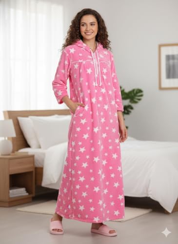 Image of Winter Wear Woolen Nighty Dress With hoodies pink Nighty Women Gown Dress Maxi Full-Length Maxi Nighty Bath Robe Free Size