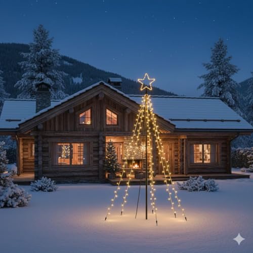 Albero Luminoso da Esterno 2,5m con 500 LED Luce Calda, Stella 22cm, Struttura in Ferro e Tubi in Alluminio, 10 Picchetti per Fissaggio, IP44 per Giardino, Cavo 5m, Diametro 1,5mt Decorazioni Natalizi