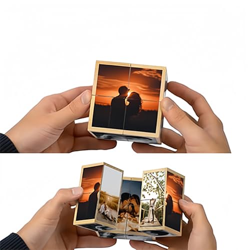 Drawelry Personalizado Cubo de Fotos Álbum con 6/9 Imágenes impresión Marco Foto Forma Mágico Plegables Decoración Giratorio Navidad Regalos para Familiare Amigos Padres Hijos Mascota Boda Viaje (E)
