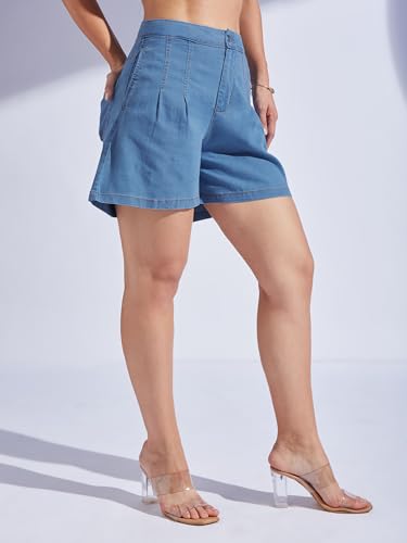 Image of Miss Chase Women's Relaxed Mid Rise Regular Non Stretchable Denim Shorts