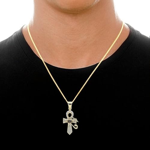 Round Shape White & Black Natural Diamond Evil Eye Ankh Cross Pendant Necklace 10K Solid Yellow Gold (0.5 Cttw) #TOP5