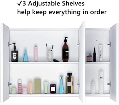 Bathroom Cabinet with Mirror 3 Doors Wall Mounted Storage Cupboard Unit with Adjustable Shelves for Bathroom Shower Room, Living Room, Laundry Room, Mudroom, White