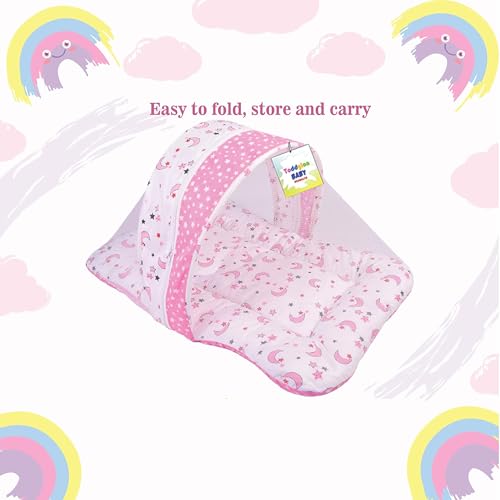 Image of Toddylon Baby Bed New Born Baby Bedding Set Combo | Carry Bag | Mattress | Mosquito Net | Insect Protector | Infants (0-6 Months, Pink, Baby Size, Cotton)