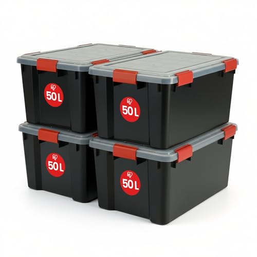 Iris Ohyama, Boîte/Lot de 4 boîtes de rangement, 50 L, Empilable, Clips, Garage,Cave,Grenier - Air Tight Box AT-L - Noir