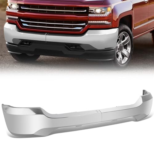 Steel Front Bumper Face Bar Compatible with Chevy Silverado 1500 2016-2018 and Sliverado 1500 LD 2019 2-Piece Modular Design without Fog Lights Cutouts and Parking Aid Chrome GM1002869