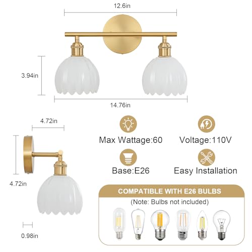 Image of Gold Bathroom Light Fixtures Over Mirror, 2 Light Bathroom Vanity Light with Tulip Milk White Glass Lampshade, Vintage Vanity Lights for Bathroom, Bathroom Vanity Lights Over Mirror