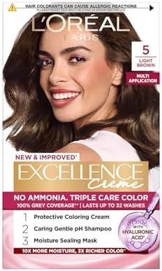 L'Oréal Paris Permanent Hair Colour, Radiant At-Home Hair Colour with up to 100% Grey Coverage, Pro-Keratin, Up to 8 Weeks of Colour, Excellence Crème, 5 Light Brown, 72ml+100g