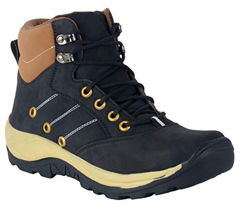Image of Hiking Boots, Black and Tan, Lace-Up High Ankle, Metal Eyelets, Rugged Outdoor Footwear
