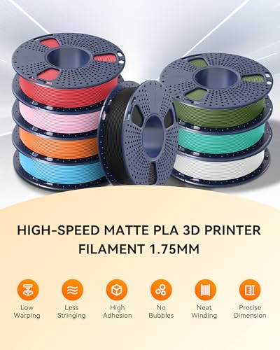 Image of TECBEARS High Speed PLA 3D Printer Filament Bundle, Matte PLA Filament 1.75mm for High Speed 50-600mm /s, 8 Pack,250g Spool, Black+White+Blue+Orange+Pink+Red+Green+Olive Green