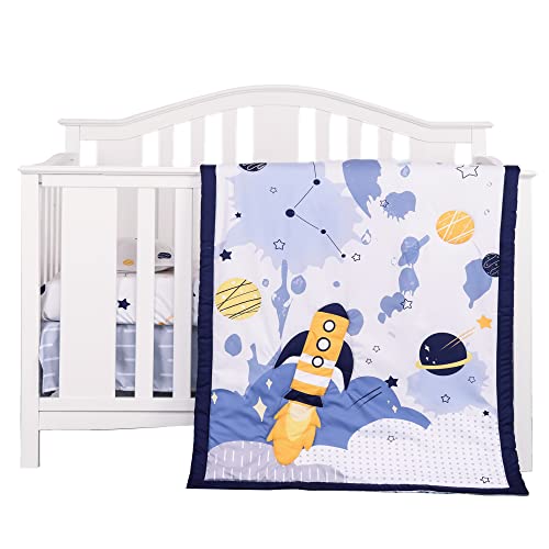 Image of Jupeollon Baby Crib Bedding Set for Boys 3Piece Space Theme Toddler Nursery Crib Sets for Boys Included Comforter Fitted Sheet Crib Skirt