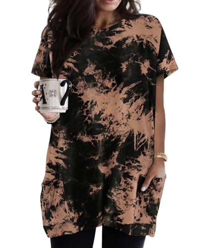 RITERA Womens Plus Size Long Tunic Tops Summer Casual Loose Tshirts Black Tie Dye Short Sleeve Shirts with Pockets 4XL 24W 26W
