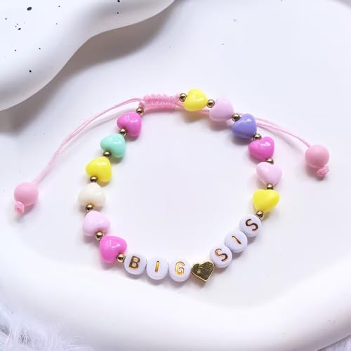 Image of Big Sister Gifts For Little, Pastel Rainbow Heart Rainbow Ball Big Little Sister Bracelet Announcement, Birthday Jewelry