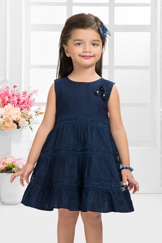 Image of Soft Cotton Lace Work Knee Length Fit & Flare Dress for Kids & Girls, Flower Embellished Frock for Casual & Special Occasion